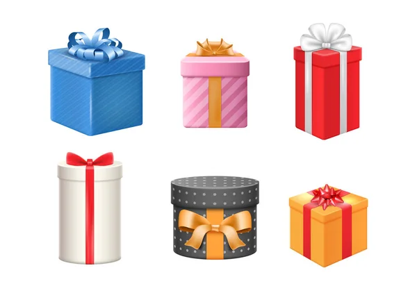 Reális Ajándékdobozok Színes Szalagokkal Díszpapírba Csomagolva Mintás Születésnapi Vagy Karácsonyi — Stock Vector