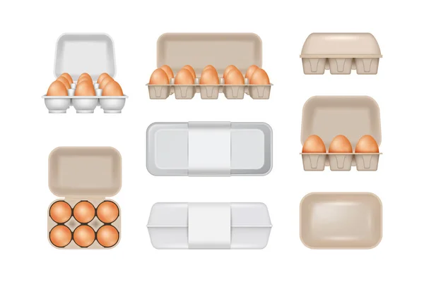 Caixas Embalagem Ovos Conjunto Aberto Fechado Bandeja Papel Branco Realista — Vetor de Stock