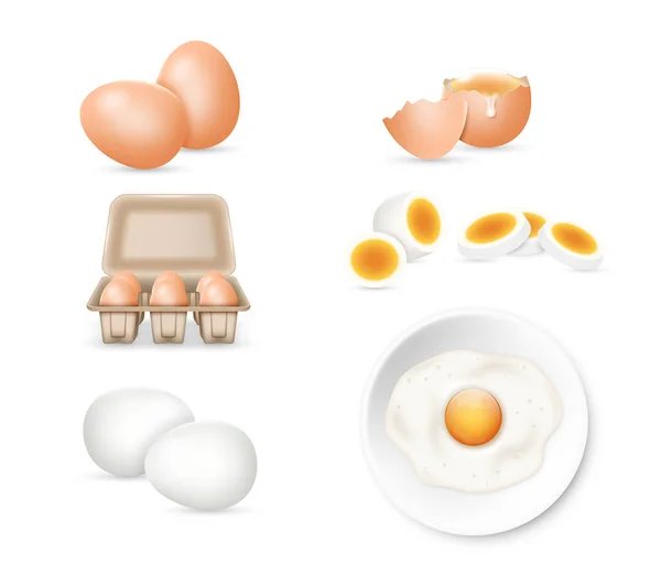 卵は全体を設定し 壊れた卵殻で 黄身と目玉焼き 開いて閉じカートンボックスに詰め 現実的な卵の要素が隔離された 農業と製品貯蔵の概念 3Dベクトル図 — ストックベクタ