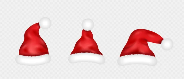 Weihnachtsmann Mützen Set Realistische Weihnachts Kopfbedeckung Rot Mit Weißem Pelz — Stockvektor