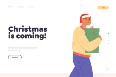 Noel, hediye paketi olan mutlu bir adamla iniş sayfası konsepti. Neşeli genç adam Noel, Noel ya da yeni yıl için süslemeli hediye tutuyor. Kış tatili Çizgi film düz vektör çizimi