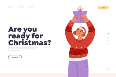 Noel ve Noel hazırlığı konsepti için Noel Baba şapkalı genç bir kızla yeni yıl için iniş sayfasına hazırız. Xmas alışverişi ve kutlaması. Çizgi film düz vektör çizimi