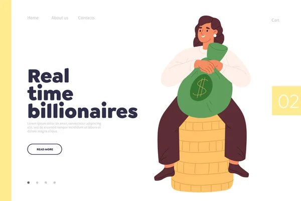 Multimillonarios Tiempo Real Concepto Landing Page Con Mujer Rica Feliz — Archivo Imágenes Vectoriales