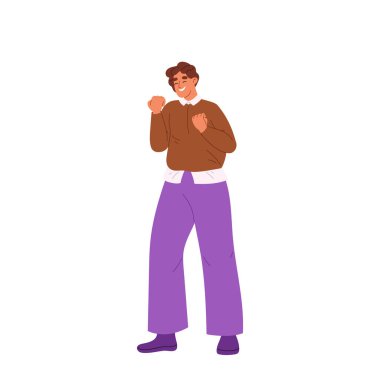 Heyecanlı genç adam sevinç ve mutluluğu ifade eden yumruklarını tutuyor. Adam zafer jesti yapıyor. Genç öğrenci ya da işçi, tatmin ve kutlama duygusuna sahip. Çizgi film vektör illüstrasyonu