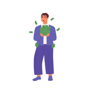 Cepleri ve elleri para dolu zengin bir adam. Piyango kazanan mutlu genç adam elinde neşeli bir gülümseme ile para yığını tutuyor. Tasarruf ve yatırım konsepti. Çizgi film düz vektör çizimi