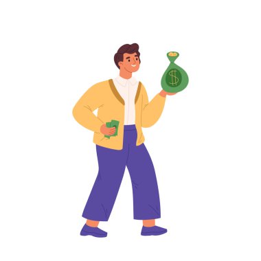 Zengin adam para çantası taşıyor. Elinde banknotlar tutan genç bir milyoner. Adam ya maaş alacak ya da piyango kazanacak. Tasarruf yatırım maaşı konsepti. Çizgi film düz vektör çizimi