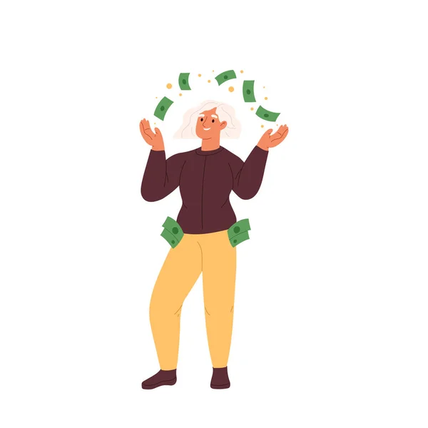 お金を投げ お金を稼ぐ幸せな裕福な女性 億万長者の女性が貯金で遊んでいる 財務上の成功 宝くじの勝利の概念 漫画フラットベクトルイラスト — ストックベクタ