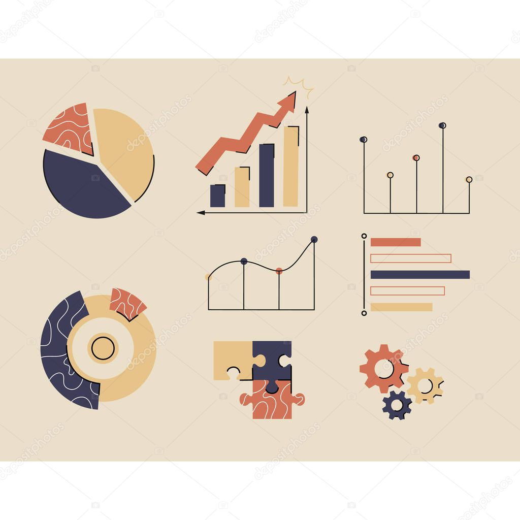 Colorful charts and graphs of financial instruments data. Chart and chart, financial data chart, chart report, information data statistics. Vector set of abstract virtual elements.