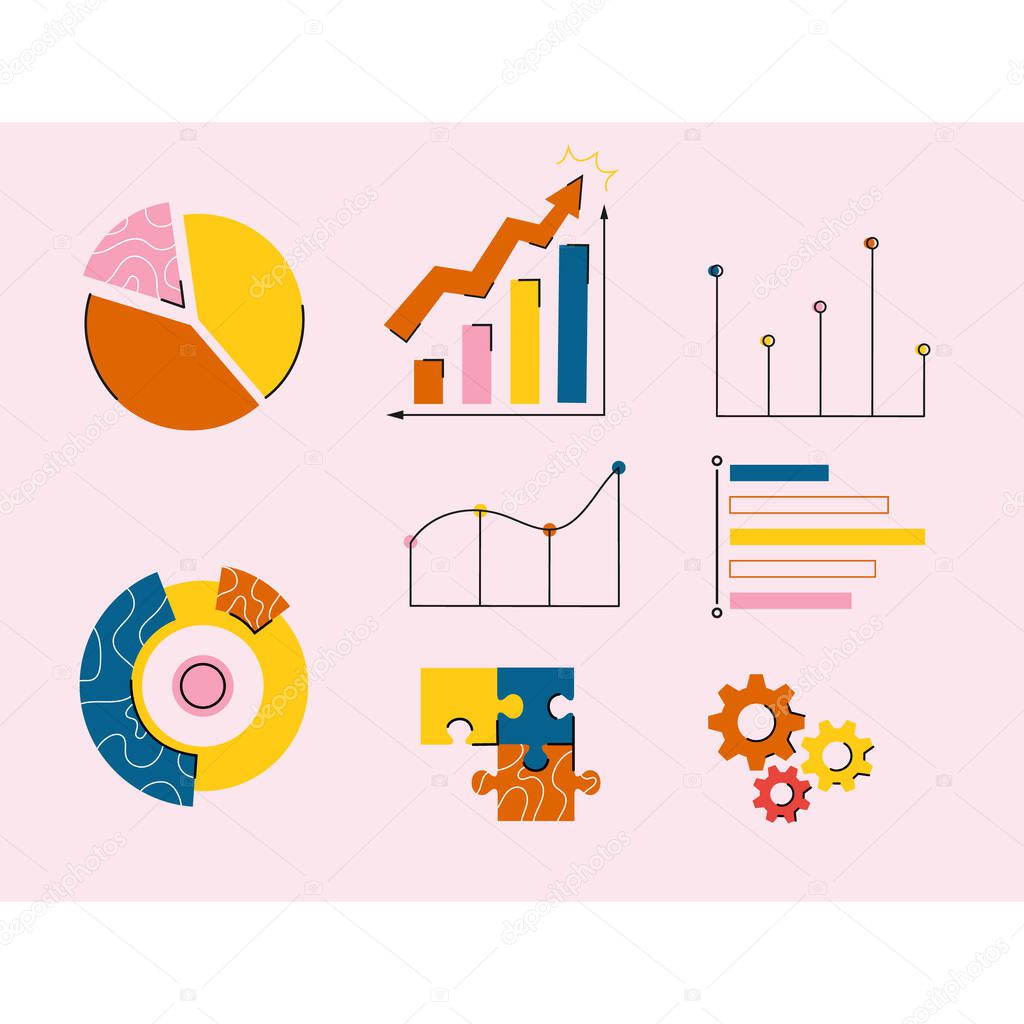 Colorful charts and graphs of financial instruments data. Chart and chart, financial data chart, chart report, information data statistics. Vector set of abstract virtual elements.