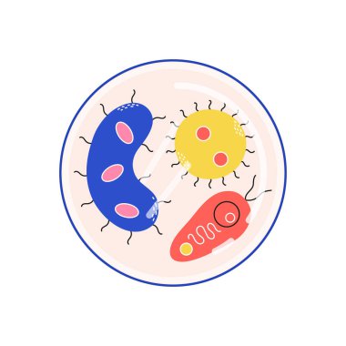 Mikrop ve bakteri seti. İlaç ikonları. Düz stil izole edilmiş mikroplar. Mikroskop altında mikroplar..