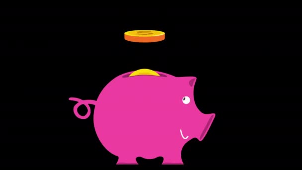 美元硬币以粉红猪的形式落入钱箱 无缝环路动画 在黑色背景上隔离 — 图库视频影像