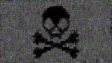 Kötü amaçlı yazılım kaynak kodu. Kafatası ve çapraz kemikler arıza efektli ikili sayılar. Kusursuz döngü canlandırması