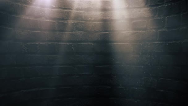 霧の粒子と暗闇の中で光の光線が空中を飛ぶ 背景には空のレンガの壁 シームレスループアニメーション — ストック動画