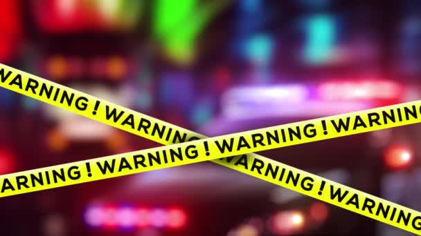 Προειδοποίηση Κίτρινη Ταινία Αστυνομικό Αυτοκίνητο Αναβοσβήνει Φώτα Ορατότητα Θολή Φόντο — Αρχείο Βίντεο