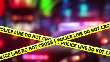 Police yellow line. Do not cross tape ribbon with a crime on the blurred background. Seamless loop animation