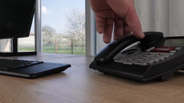 Desk Phone Incoming Call Businessman Answers Landline Phone Office — Stok video