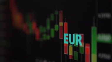 Ekranda borsa var. Hisse senedi borsası yakın planda. Avro para birimi grafiği para biriminin çevrimiçi yükselip düşüşünü gösteriyor.