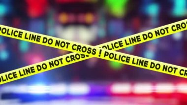 Police line. Do not cross. Seamless loop animation. Emergency hazard warning flashing lights on blurred background