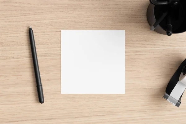 Square Invitation Card Mockup Workspace Accessories Wooden Table —  Fotos de Stock