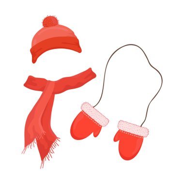 Red winter hat, scarf and mittens. Flat illustration isolated on white background.