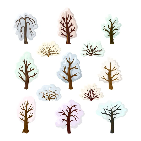 Set Trees Bushes Winter Season Covered Snow — Stock Vector