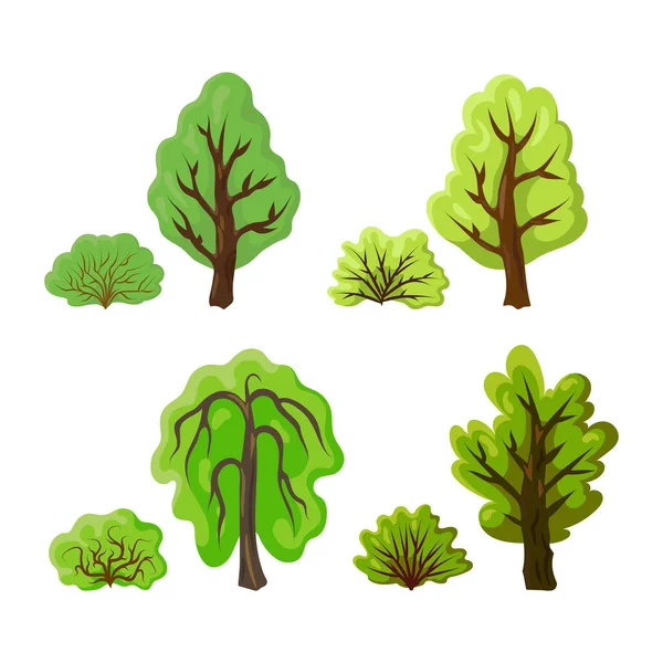 Set Trees Bushes Summer Season Isolated White Background — Stock Vector