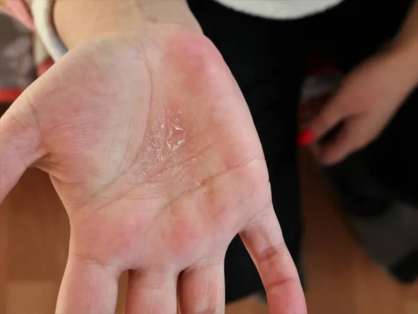 女性手掌皮肤的病变 病人手上表皮的干燥和剥脱 手部皮肤的湿疹 显示出由于疾病而侵犯了皮肤的手掌 — 图库照片