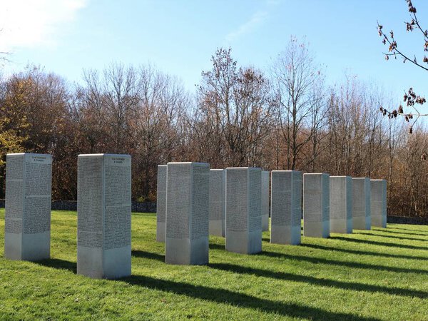 Apsheronsk, Krasnodar region, Russia - January 2, 2022: stone columns with the names of the fallen soldiers of the German army in the Caucasian rock garden, the European memorial complex in the Krasnodar region