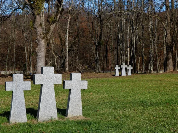 Gravestones Form Three Crosses Memorial Site Autumn Park Sunny Day — стоковое фото