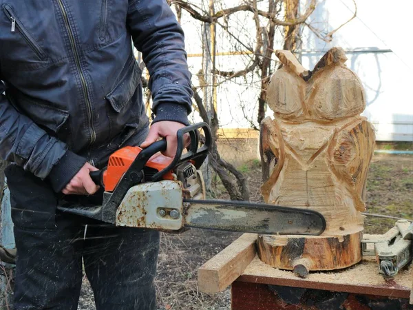 톱질을 목각사는 부엉이 조각상을 만들고 정원에서 톱질로 재료를 가공하고 내부를 — 스톡 사진