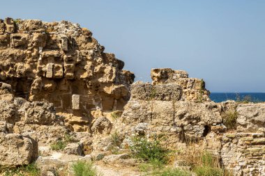 Kıbrıs 'taki Salamis harabelerine bakıyorum. Arkasında deniz var.