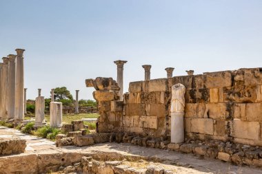 Kuzey Kıbrıs 'taki antik Salamis harabeleri, üzerinde mavi bir gökyüzü