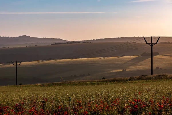 Looking out over a rolling landscape in Sussex, on a sunny summers evening