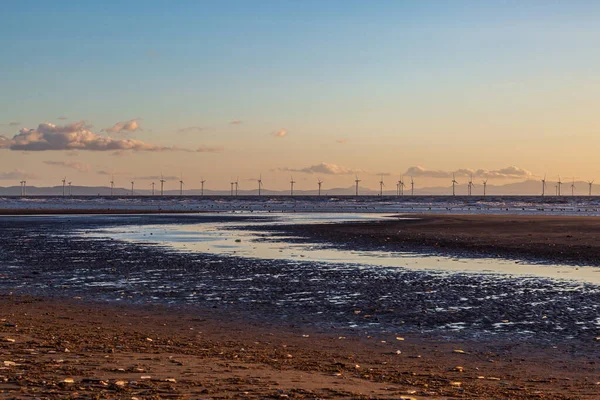 Mirando Hacia Playa Arena Marea Baja Formby Merseyside Con Cielo —  Fotos de Stock