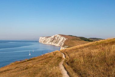 Wight Adası 'ndaki Freshwater Körfezi' ndeki tebeşir kayalıklarına doğru kıyı yolu boyunca bakıyorum.