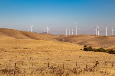 Güneşli bir sabahta Kaliforniya kırsalında rüzgar türbinleri