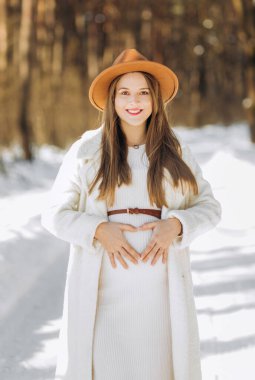 Kahverengi şapkalı ve açık renk ceketli güzel hamile kadın kış ormanında poz veriyor.