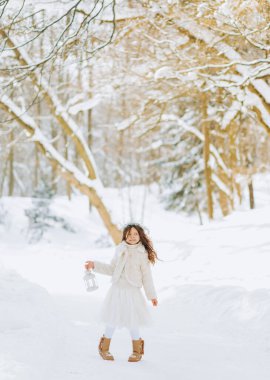 Muhteşem bir kız elinde bir fenerle orman yolunda yürüyor. Noel zamanı. Güneşli kış günü.