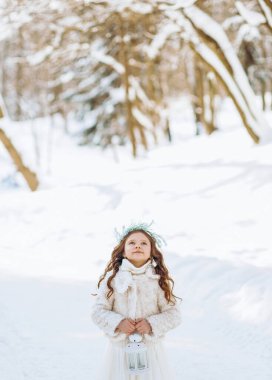 Muhteşem bir kız elinde bir fenerle orman yolunda yürüyor. Noel zamanı. Güneşli kış günü.