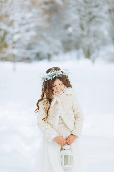 Urocza Dziewczynka Trzymając Boże Narodzenie Latarnia Zewnątrz Piękny Zimowy Dzień — Zdjęcie stockowe