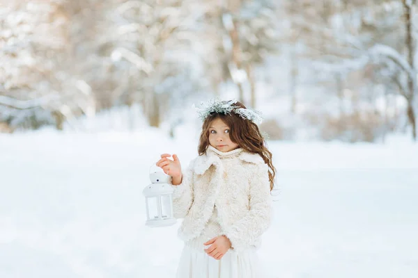 Surprised Little Girl Holding Christmas Lantern Outdoors Beautiful Winter Snow — Stock Photo, Image