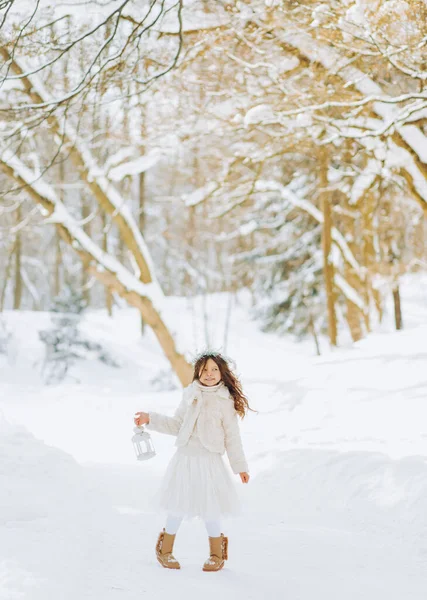 Muhteşem bir kız elinde bir fenerle orman yolunda yürüyor. Noel zamanı. Güneşli kış günü.