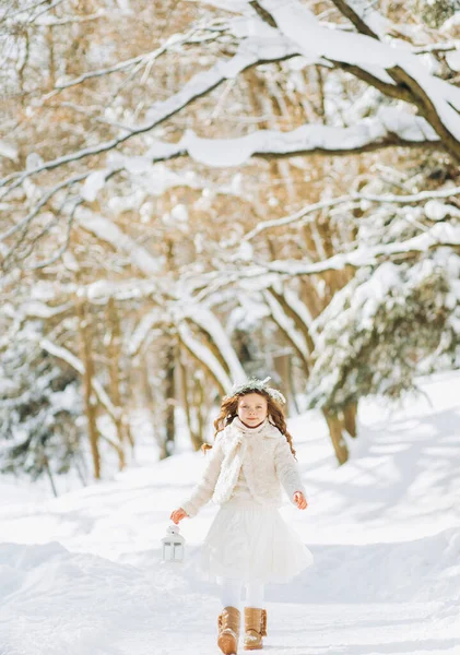 Niesamowite Mała Dziewczynka Gospodarstwa Latarnia Zewnątrz Piękny Zimowy Słoneczny Dzień — Zdjęcie stockowe