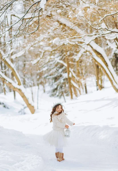 Niesamowite Mała Dziewczynka Gospodarstwa Latarnia Zewnątrz Piękny Zimowy Słoneczny Dzień — Zdjęcie stockowe