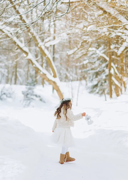 快乐的小女孩手里拿着灯笼在一条森林小径上奔跑 圣诞节的时候冬日阳光明媚 — 图库照片
