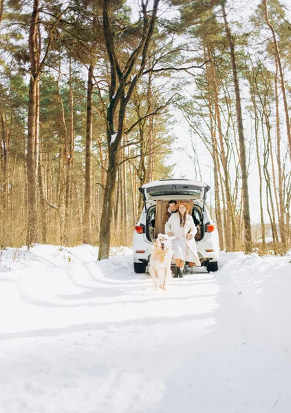 베이지 데리고 눈덮인 Suv 트렁크에 미소짓는 활동적 겨울철 휴일에 — 스톡 사진