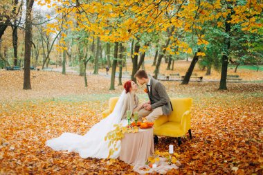 Sonbahar parkında yumuşak sandalyelerde oturan yeni evliler.