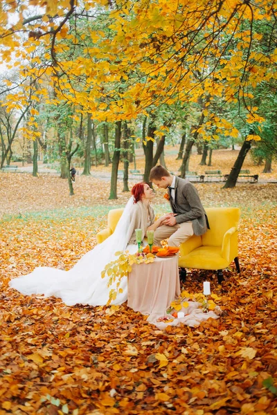 Newlyweds Look Each Other Sitting Autumn Park — Stock Photo, Image