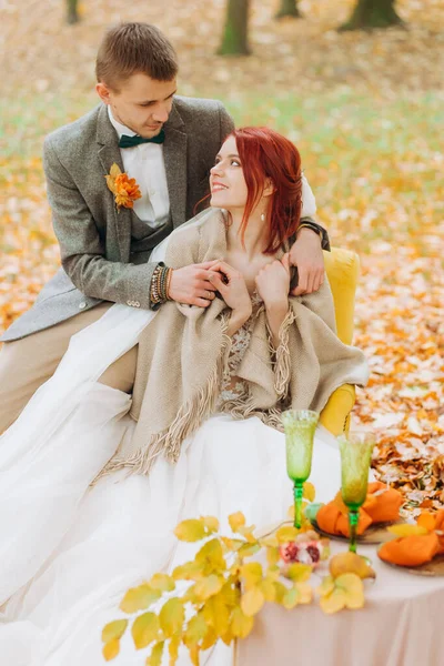 Caring Husband Covers Bride Scarf Autumn Park — Stock Photo, Image