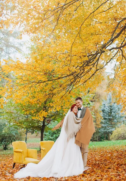 Happy Young Couple Hugging Each Other Standing Tall Yellow Autumn — Stock Photo, Image